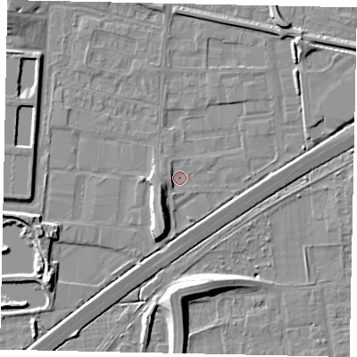 Shaded relief map of the ground around TW167EH, computed from Environment Agency LiDAR. The ground here sits at about 12 m above sea level and falls 10 m across the surrounding 800 m. Surface water reaching this point runs off ground lying to the west-south-west, 1.9 m higher.