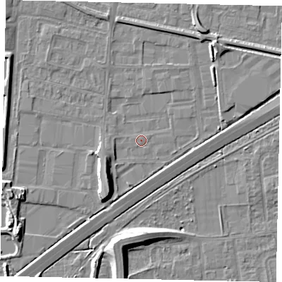 Shaded relief map of the ground around TW167EL, computed from Environment Agency LiDAR. The ground here sits at about 12 m above sea level and falls 10 m across the surrounding 800 m. Surface water reaching this point runs off ground lying to the west-south-west, 2.6 m higher.