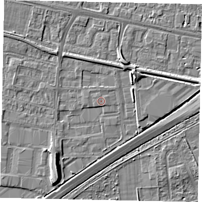 Shaded relief map of the ground around TW167EP, computed from Environment Agency LiDAR. The ground here sits at about 13 m above sea level and falls 9 m across the surrounding 800 m. Surface water reaching this point runs off ground lying to the south-west, 3.6 m higher.