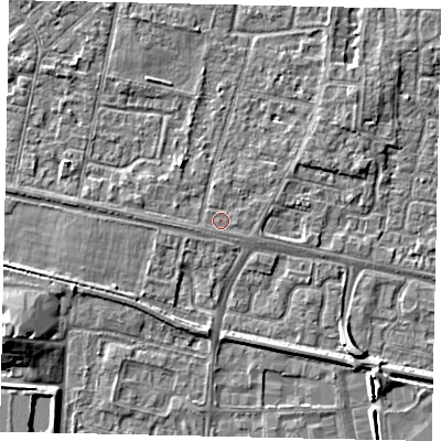 Shaded relief map of the ground around TW167ES, computed from Environment Agency LiDAR. The ground here sits at about 13 m above sea level and falls 7 m across the surrounding 800 m. Surface water reaching this point runs off ground lying to the east-south-east, 0.6 m higher.