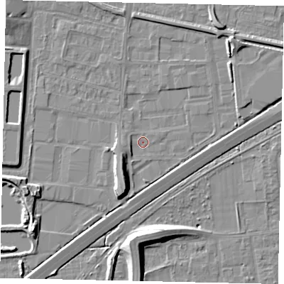 Shaded relief map of the ground around TW167EW, computed from Environment Agency LiDAR. The ground here sits at about 12 m above sea level and falls 10 m across the surrounding 800 m. Surface water reaching this point runs off ground lying to the west-south-west, 1.9 m higher.