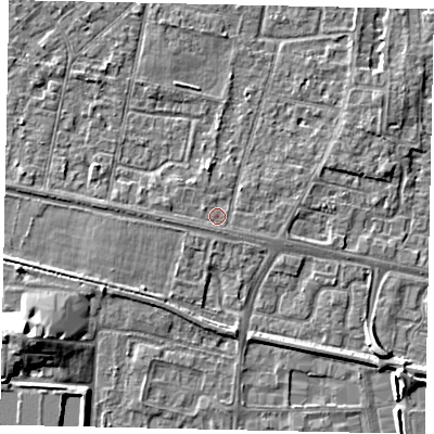 Shaded relief map of the ground around TW167EX, computed from Environment Agency LiDAR. The ground here sits at about 13 m above sea level and falls 7 m across the surrounding 800 m. Surface water reaching this point runs off ground lying to the west-north-west, 1.0 m higher.