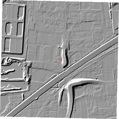 Shaded relief map of the ground around TW167EY, computed from Environment Agency LiDAR. The ground here sits at about 13 m above sea level and falls 10 m across the surrounding 800 m. Surface water reaching this point runs off ground lying to the south-east, 7.1 m higher.