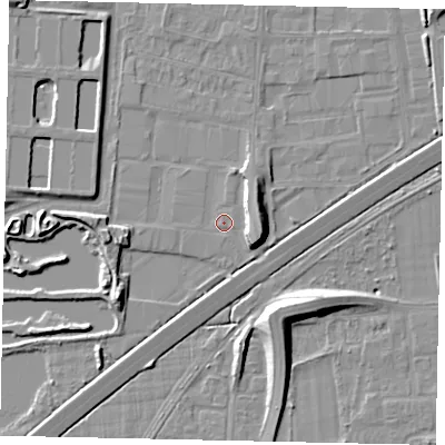 Shaded relief map of the ground around TW167EZ, computed from Environment Agency LiDAR. The ground here sits at about 13 m above sea level and falls 10 m across the surrounding 800 m. Surface water reaching this point runs off ground lying to the west, 4.1 m higher.