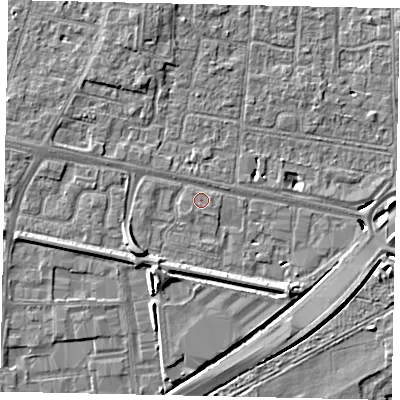 Shaded relief map of the ground around TW167FA, computed from Environment Agency LiDAR. The ground here sits at about 12 m above sea level and falls 7 m across the surrounding 800 m. Surface water reaching this point runs off ground lying to the south-east, 0.8 m higher.