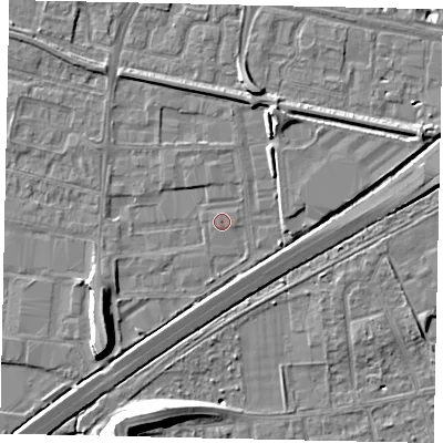 Shaded relief map of the ground around TW167FD, computed from Environment Agency LiDAR. The ground here sits at about 12 m above sea level and falls 10 m across the surrounding 800 m. Surface water reaching this point runs off ground lying to the west-south-west, 3.6 m higher.
