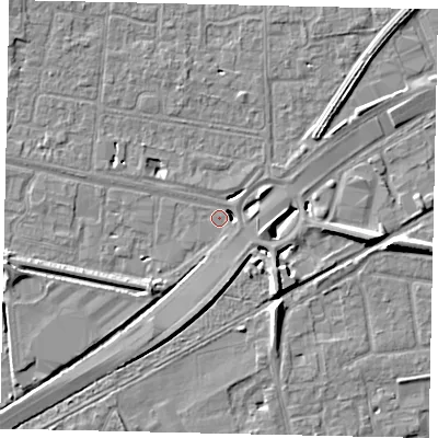 Shaded relief map of the ground around TW167FF, computed from Environment Agency LiDAR. The ground here sits at about 12 m above sea level and falls 8 m across the surrounding 800 m. Surface water reaching this point runs off ground lying to the south, 4.9 m higher.