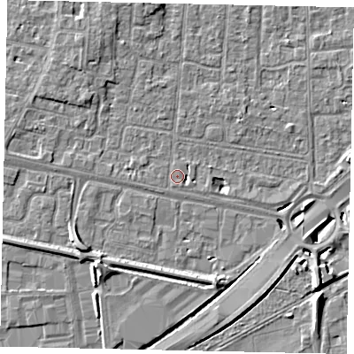 Shaded relief map of the ground around TW167FG, computed from Environment Agency LiDAR. The ground here sits at about 12 m above sea level and falls 8 m across the surrounding 800 m. Surface water reaching this point runs off ground lying to the south-south-east, 1.8 m higher.
