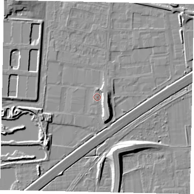 Shaded relief map of the ground around TW167FH, computed from Environment Agency LiDAR. The ground here sits at about 13 m above sea level and falls 10 m across the surrounding 800 m. Surface water reaching this point runs off ground lying to the north-west, 6.9 m higher.