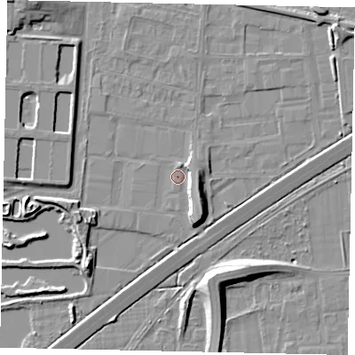 Shaded relief map of the ground around TW167FS, computed from Environment Agency LiDAR. The ground here sits at about 13 m above sea level and falls 10 m across the surrounding 800 m. Surface water reaching this point runs off ground lying to the north-west, 7.0 m higher.
