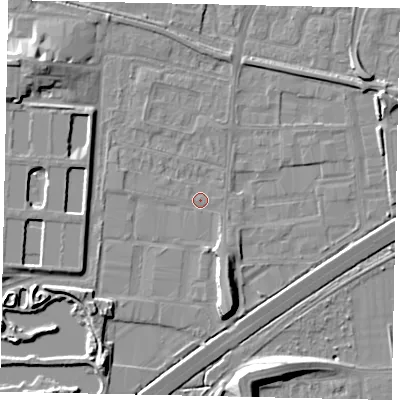 Shaded relief map of the ground around TW167HB, computed from Environment Agency LiDAR. The ground here sits at about 13 m above sea level and falls 10 m across the surrounding 800 m. Surface water reaching this point runs off ground lying to the south-south-east, 3.2 m higher.