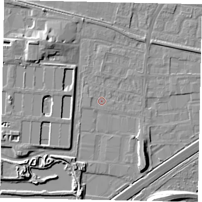 Shaded relief map of the ground around TW167HD, computed from Environment Agency LiDAR. The ground here sits at about 12 m above sea level and falls 10 m across the surrounding 800 m. Surface water reaching this point runs off ground lying to the west-north-west, 1.0 m higher.
