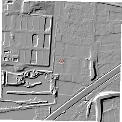 Shaded relief map of the ground around TW167HE, computed from Environment Agency LiDAR. The ground here sits at about 12 m above sea level and falls 9 m across the surrounding 800 m. Surface water reaching this point runs off ground lying to the south-south-west, 4.1 m higher.