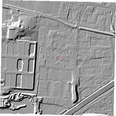 Shaded relief map of the ground around TW167HJ, computed from Environment Agency LiDAR. The ground here sits at about 12 m above sea level and falls 10 m across the surrounding 800 m. Surface water reaching this point runs off ground lying to the west, 1.0 m higher.