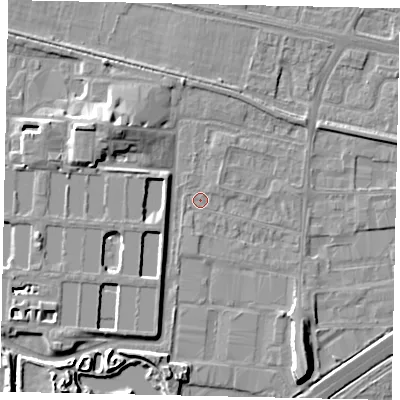 Shaded relief map of the ground around TW167HL, computed from Environment Agency LiDAR. The ground here sits at about 13 m above sea level and falls 9 m across the surrounding 800 m. Surface water reaching this point runs off ground lying to the north-north-east, 1.6 m higher.