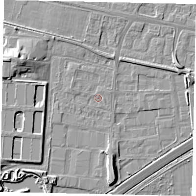Shaded relief map of the ground around TW167HP, computed from Environment Agency LiDAR. The ground here sits at about 13 m above sea level and falls 9 m across the surrounding 800 m. Surface water reaching this point runs off ground lying to the west-north-west, 1.2 m higher.