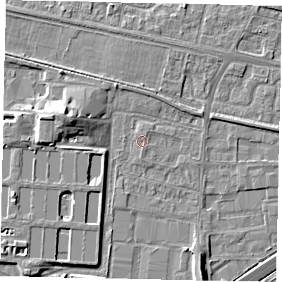 Shaded relief map of the ground around TW167HQ, computed from Environment Agency LiDAR. The ground here sits at about 13 m above sea level and falls 8 m across the surrounding 800 m. Surface water reaching this point runs off ground lying to the south-south-east, 0.7 m higher.