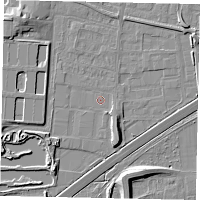 Shaded relief map of the ground around TW167HT, computed from Environment Agency LiDAR. The ground here sits at about 12 m above sea level and falls 10 m across the surrounding 800 m. The ground contributing surface water to this point lies to the north.