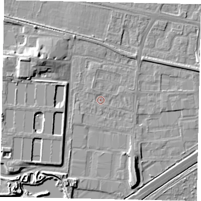 Shaded relief map of the ground around TW167HW, computed from Environment Agency LiDAR. The ground here sits at about 12 m above sea level and falls 9 m across the surrounding 800 m. Surface water reaching this point runs off ground lying to the north-west, 1.0 m higher.