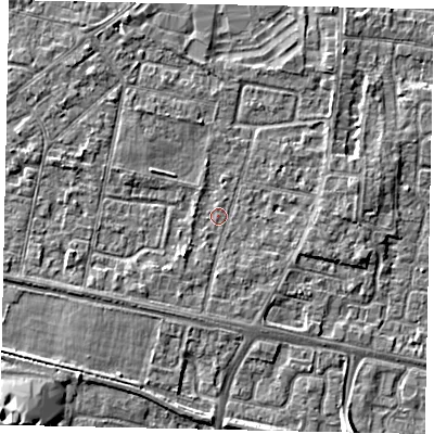 Shaded relief map of the ground around TW167HY, computed from Environment Agency LiDAR. The ground here sits at about 13 m above sea level and falls 7 m across the surrounding 800 m. Surface water reaching this point runs off ground lying to the east-north-east, 2.5 m higher.