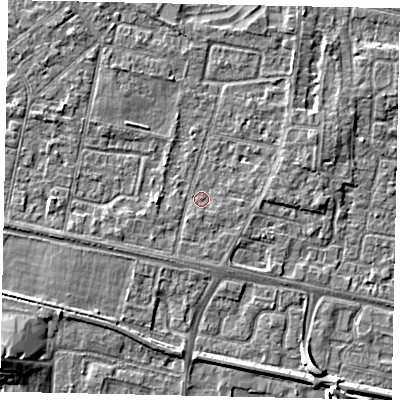 Shaded relief map of the ground around TW167HZ, computed from Environment Agency LiDAR. The ground here sits at about 13 m above sea level and falls 6 m across the surrounding 800 m. Surface water reaching this point runs off ground lying to the east-north-east, 1.9 m higher.