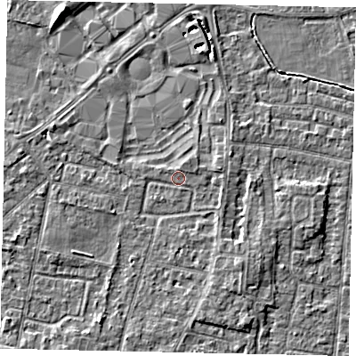 Shaded relief map of the ground around TW167JD, computed from Environment Agency LiDAR. The ground here sits at about 13 m above sea level and falls 6 m across the surrounding 800 m. Surface water reaching this point runs off ground lying to the north-north-east, 0.9 m higher.