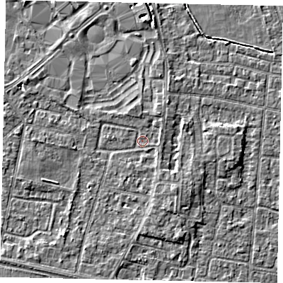 Shaded relief map of the ground around TW167JF, computed from Environment Agency LiDAR. The ground here sits at about 13 m above sea level and falls 4 m across the surrounding 800 m. Surface water reaching this point runs off ground lying to the north-north-east, 1.5 m higher.