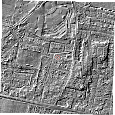 Shaded relief map of the ground around TW167JG, computed from Environment Agency LiDAR. The ground here sits at about 13 m above sea level and falls 3 m across the surrounding 800 m. Surface water reaching this point runs off ground lying to the east-south-east, 2.5 m higher.