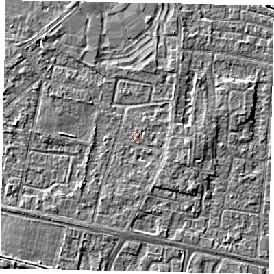 Shaded relief map of the ground around TW167JQ, computed from Environment Agency LiDAR. The ground here sits at about 13 m above sea level and falls 3 m across the surrounding 800 m. Surface water reaching this point runs off ground lying to the east, 2.5 m higher.