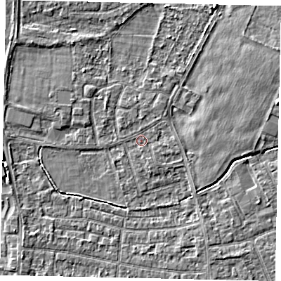 Shaded relief map of the ground around TW167LB, computed from Environment Agency LiDAR. The ground here sits at about 13 m above sea level and falls 3 m across the surrounding 800 m. Surface water reaching this point runs off ground lying to the east, 0.7 m higher.