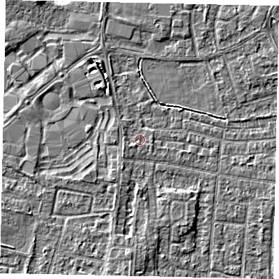 Shaded relief map of the ground around TW167LH, computed from Environment Agency LiDAR. The ground here sits at about 13 m above sea level and falls 4 m across the surrounding 800 m. Surface water reaching this point runs off ground lying to the south-west, 1.4 m higher.
