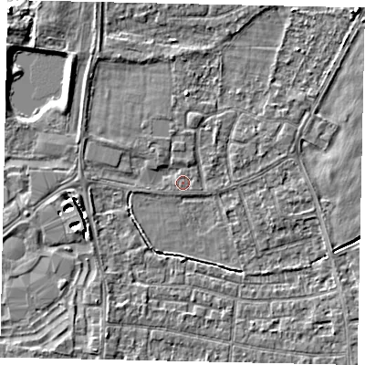 Shaded relief map of the ground around TW167LQ, computed from Environment Agency LiDAR. The ground here sits at about 13 m above sea level and falls 5 m across the surrounding 800 m. Surface water reaching this point runs off ground lying to the north-north-east, 1.0 m higher.