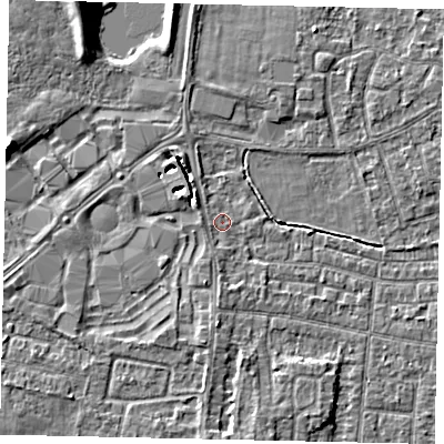 Shaded relief map of the ground around TW167LR, computed from Environment Agency LiDAR. The ground here sits at about 13 m above sea level and falls 6 m across the surrounding 800 m. Surface water reaching this point runs off ground lying to the east, 0.5 m higher.