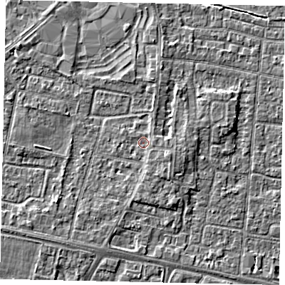 Shaded relief map of the ground around TW167LY, computed from Environment Agency LiDAR. The ground here sits at about 13 m above sea level and falls 4 m across the surrounding 800 m. Surface water reaching this point runs off ground lying to the east-north-east, 1.3 m higher.