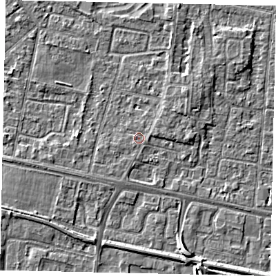 Shaded relief map of the ground around TW167NA, computed from Environment Agency LiDAR. The ground here sits at about 13 m above sea level and falls 5 m across the surrounding 800 m. Surface water reaching this point runs off ground lying to the east-north-east, 0.9 m higher.