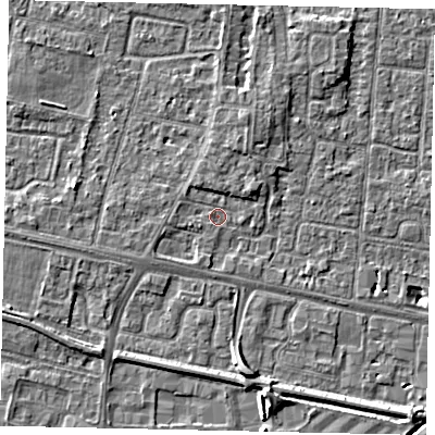 Shaded relief map of the ground around TW167NB, computed from Environment Agency LiDAR. The ground here sits at about 12 m above sea level and falls 6 m across the surrounding 800 m. Surface water reaching this point runs off ground lying to the north-north-west, 1.4 m higher.