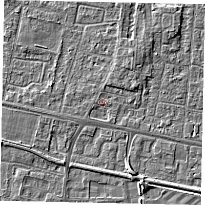 Shaded relief map of the ground around TW167ND, computed from Environment Agency LiDAR. The ground here sits at about 13 m above sea level and falls 5 m across the surrounding 800 m. Surface water reaching this point runs off ground lying to the east-south-east, 1.1 m higher.