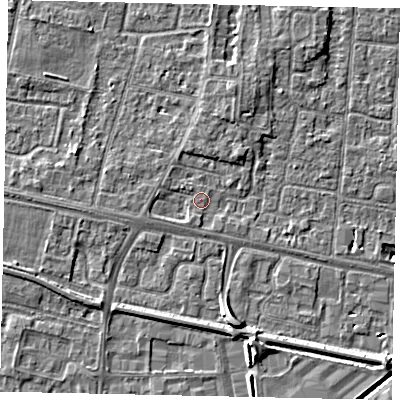 Shaded relief map of the ground around TW167NE, computed from Environment Agency LiDAR. The ground here sits at about 13 m above sea level and falls 6 m across the surrounding 800 m. Surface water reaching this point runs off ground lying to the west-north-west, 1.1 m higher.