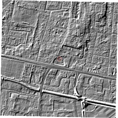 Shaded relief map of the ground around TW167NF, computed from Environment Agency LiDAR. The ground here sits at about 12 m above sea level and falls 5 m across the surrounding 800 m. Surface water reaching this point runs off ground lying to the north, 1.1 m higher.