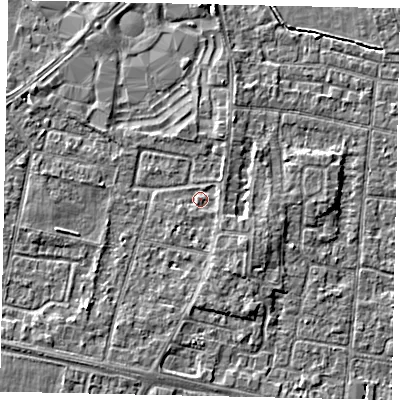 Shaded relief map of the ground around TW167NH, computed from Environment Agency LiDAR. The ground here sits at about 13 m above sea level and falls 4 m across the surrounding 800 m. Surface water reaching this point runs off ground lying to the east, 1.0 m higher.