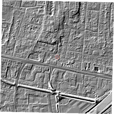 Shaded relief map of the ground around TW167NL, computed from Environment Agency LiDAR. The ground here sits at about 12 m above sea level and falls 6 m across the surrounding 800 m. Surface water reaching this point runs off ground lying to the north-north-west, 1.9 m higher.