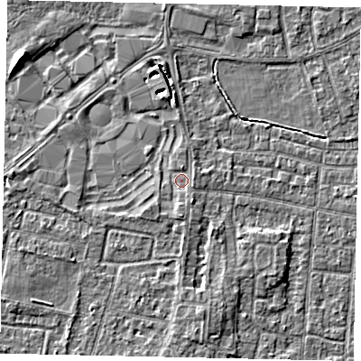 Shaded relief map of the ground around TW167NN, computed from Environment Agency LiDAR. The ground here sits at about 13 m above sea level and falls 6 m across the surrounding 800 m. Surface water reaching this point runs off ground lying to the south, 1.1 m higher.
