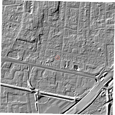 Shaded relief map of the ground around TW167NU, computed from Environment Agency LiDAR. The ground here sits at about 12 m above sea level and falls 8 m across the surrounding 800 m. Surface water reaching this point runs off ground lying to the south-south-east, 1.8 m higher.