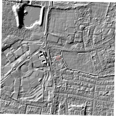Shaded relief map of the ground around TW167NW, computed from Environment Agency LiDAR. The ground here sits at about 12 m above sea level and falls 6 m across the surrounding 800 m. Surface water reaching this point runs off ground lying to the west, 3.0 m higher.