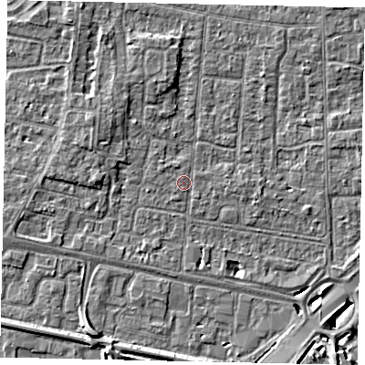 Shaded relief map of the ground around TW167NX, computed from Environment Agency LiDAR. The ground here sits at about 13 m above sea level and falls 7 m across the surrounding 800 m. Surface water reaching this point runs off ground lying to the north-west, 0.7 m higher.