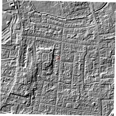 Shaded relief map of the ground around TW167NY, computed from Environment Agency LiDAR. The ground here sits at about 13 m above sea level and falls 4 m across the surrounding 800 m. Surface water reaching this point runs off ground lying to the west-south-west, 2.3 m higher.
