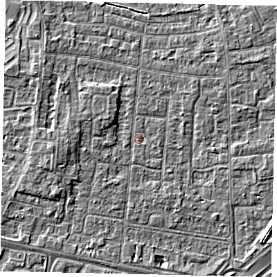 Shaded relief map of the ground around TW167PA, computed from Environment Agency LiDAR. The ground here sits at about 12 m above sea level and falls 4 m across the surrounding 800 m. Surface water reaching this point runs off ground lying to the south, 0.9 m higher.