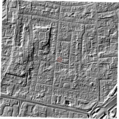 Shaded relief map of the ground around TW167PB, computed from Environment Agency LiDAR. The ground here sits at about 13 m above sea level and falls 5 m across the surrounding 800 m. Surface water reaching this point runs off ground lying to the west-north-west, 2.1 m higher.