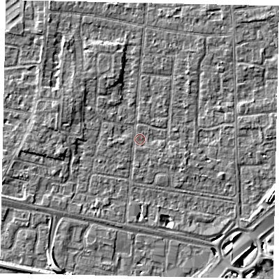 Shaded relief map of the ground around TW167PD, computed from Environment Agency LiDAR. The ground here sits at about 12 m above sea level and falls 7 m across the surrounding 800 m. Surface water reaching this point runs off ground lying to the east-south-east, 0.7 m higher.