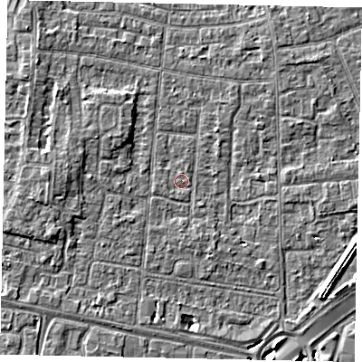 Shaded relief map of the ground around TW167PG, computed from Environment Agency LiDAR. The ground here sits at about 12 m above sea level and falls 5 m across the surrounding 800 m. Surface water reaching this point runs off ground lying to the west, 5.3 m higher.